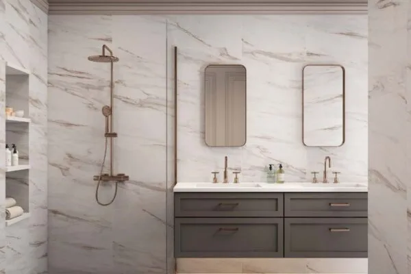 Tiled bathroom vanity with marble-look porcelain