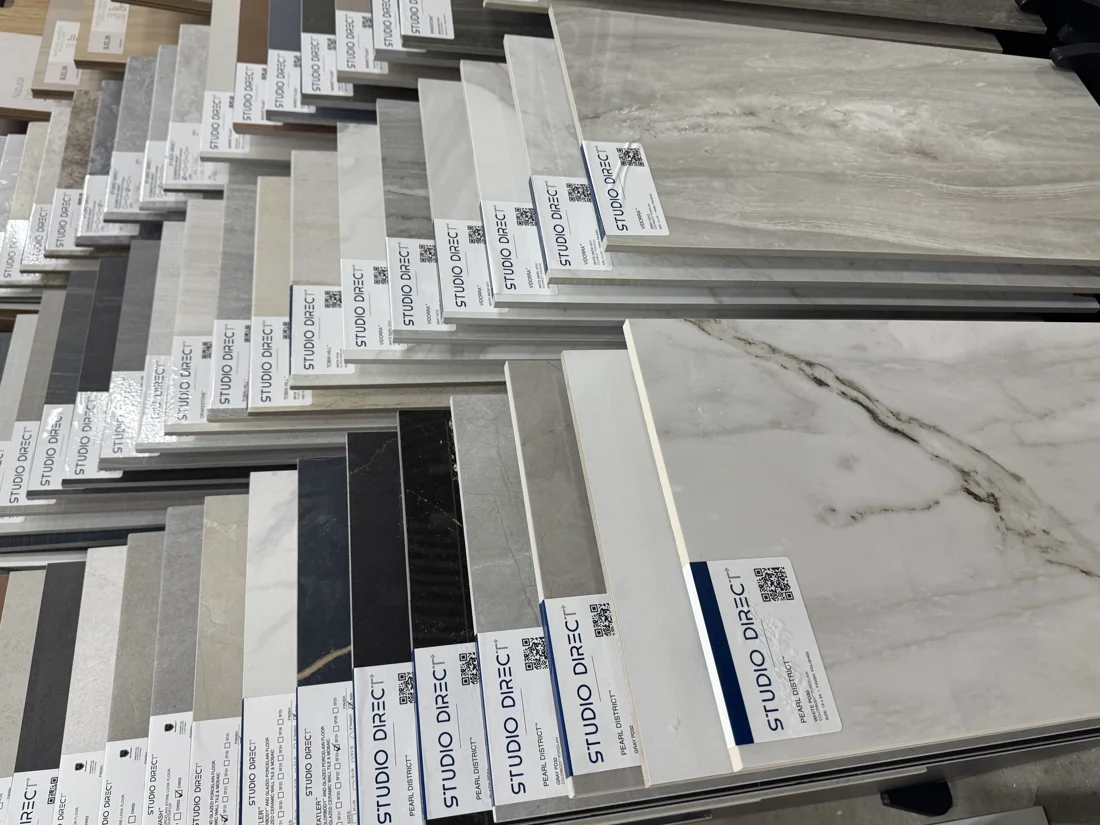 Tile sample displays at the PoshHaus showroom in Keene, NH