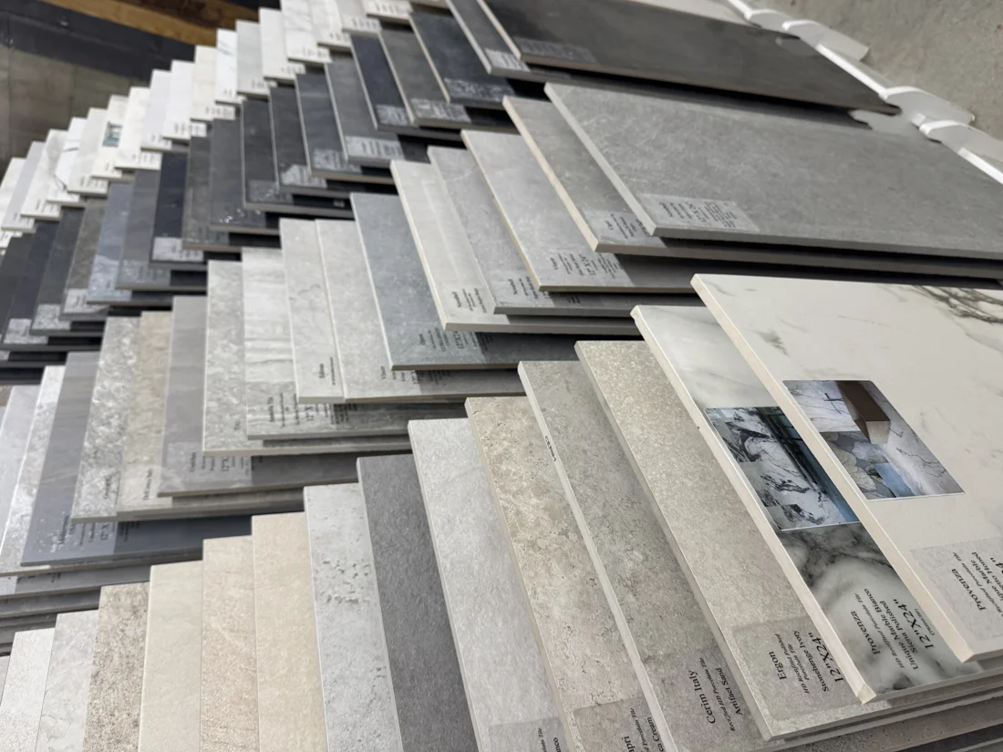 Porcelain tile sample boards at the PoshHaus showroom
